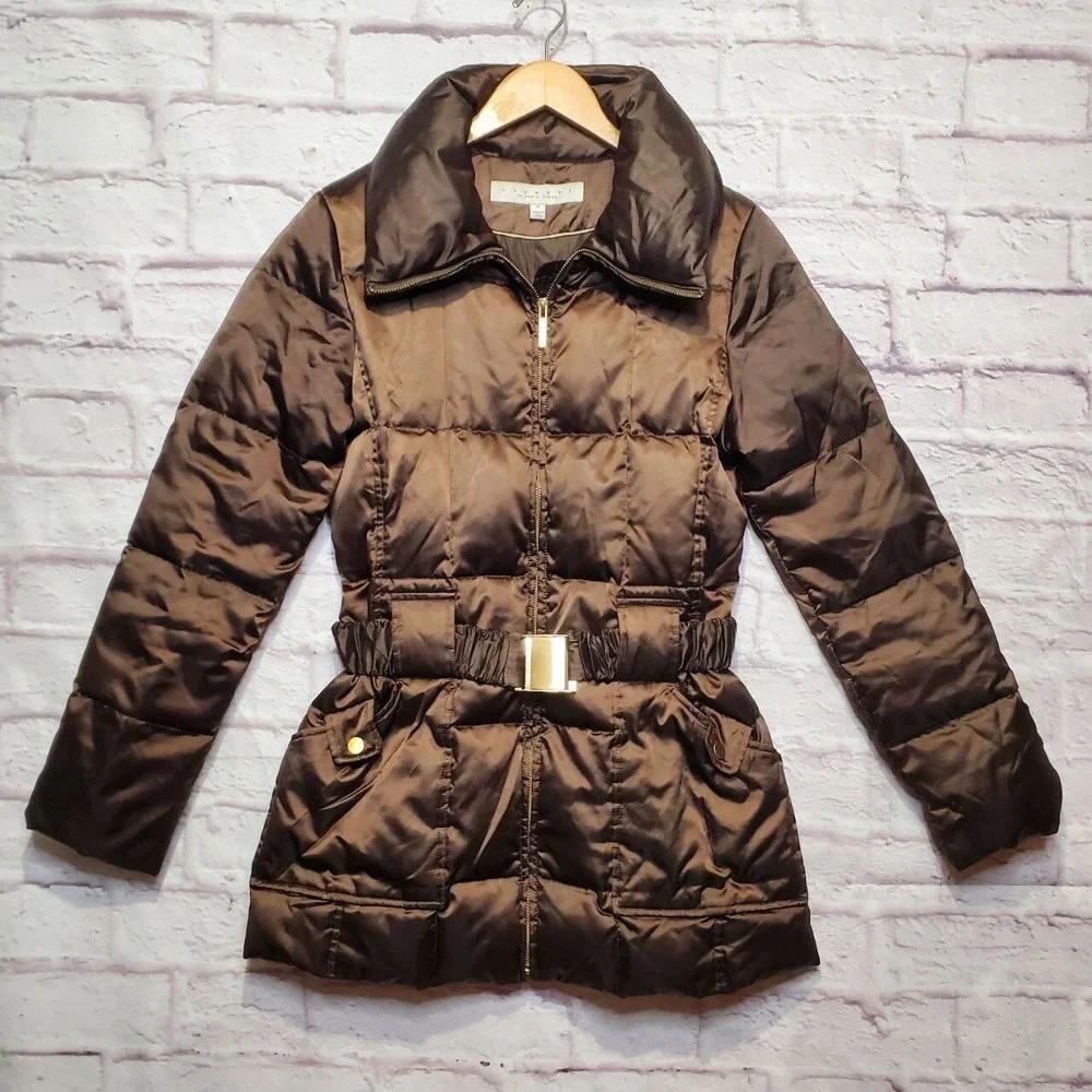 Laundry By‎ Shelli Segal Down Feather Puffer Jacket Womens Medium Brown Belted